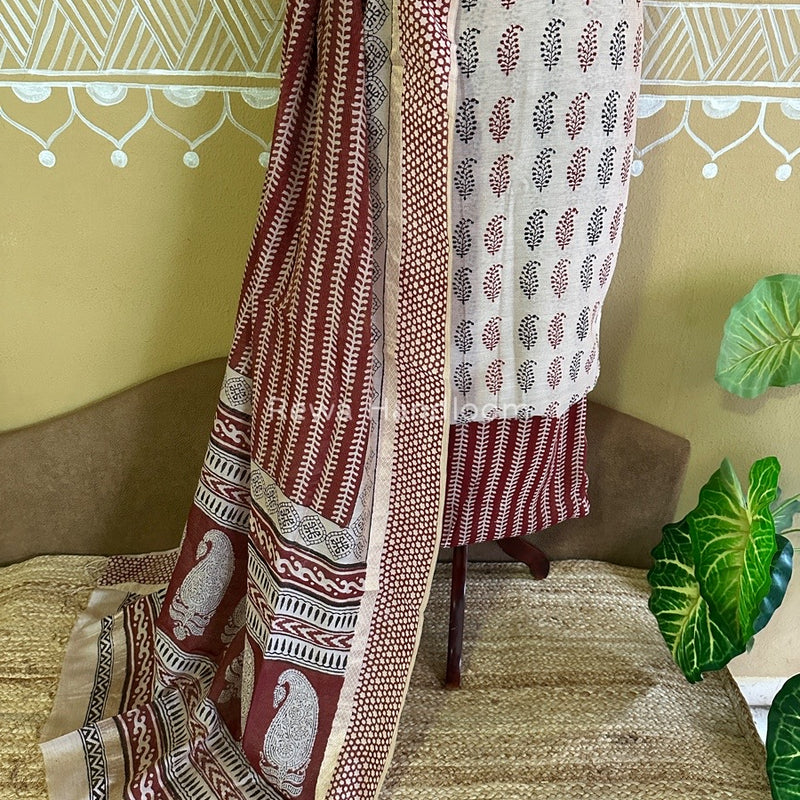 Maheshwari White-Maroon Bagh Print Tissue Suit BTS07