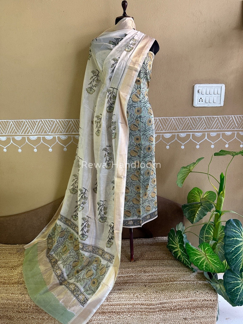 Maheshwari Handblock Tissue Top-Dupatta