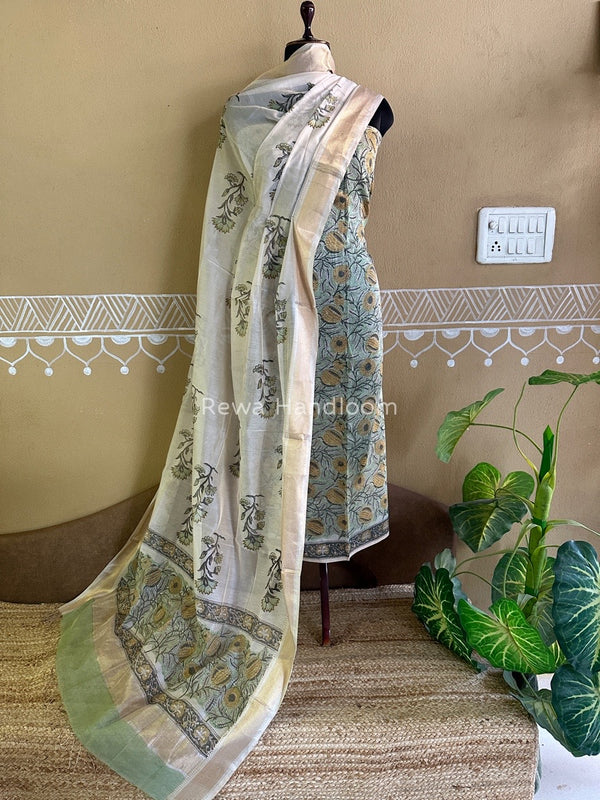 Maheshwari Handblock Tissue Top-Dupatta
