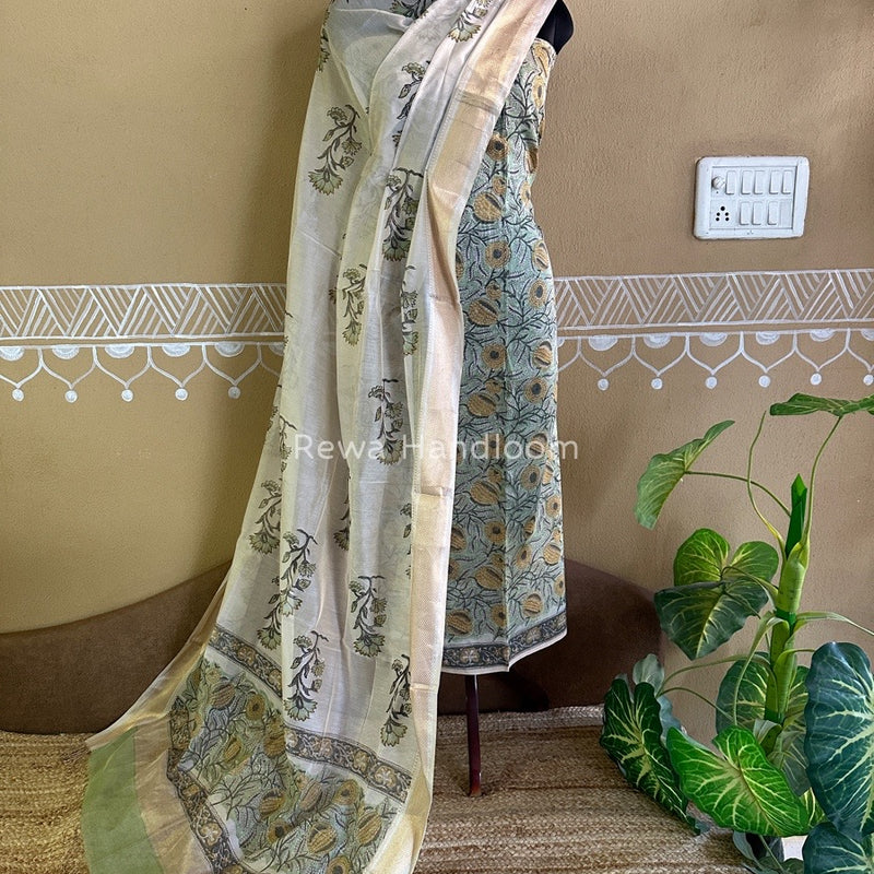 Maheshwari Handblock Tissue Top-Dupatta