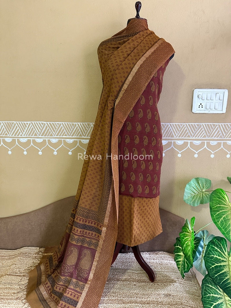 Maheshwari Maroon-Mustard Yellow Bagh Print Tissue Suit BTS09