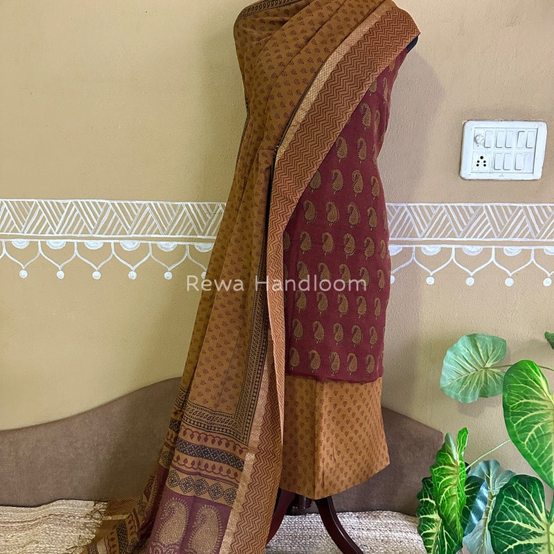 Maheshwari Maroon-Mustard Yellow Bagh Print Tissue Suit BTS09