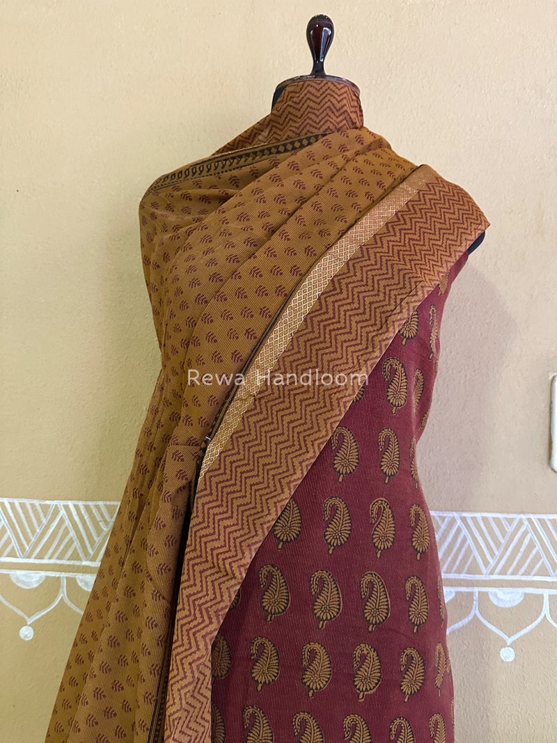 Maheshwari Maroon-Mustard Yellow Bagh Print Tissue Suit BTS09