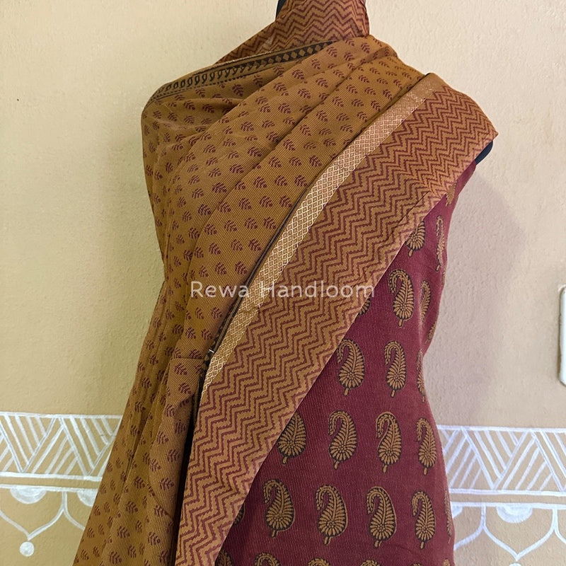 Maheshwari Maroon-Mustard Yellow Bagh Print Tissue Suit BTS09
