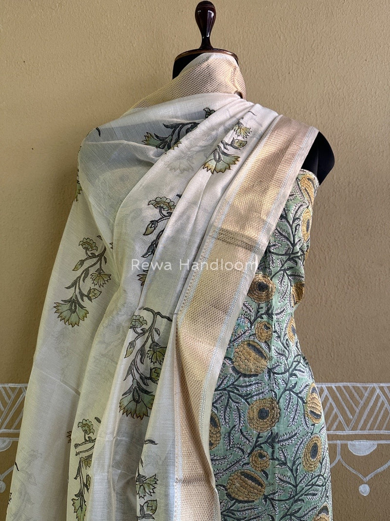 Maheshwari Pista Green Handblock Tissue Top-Dupatta PRT014