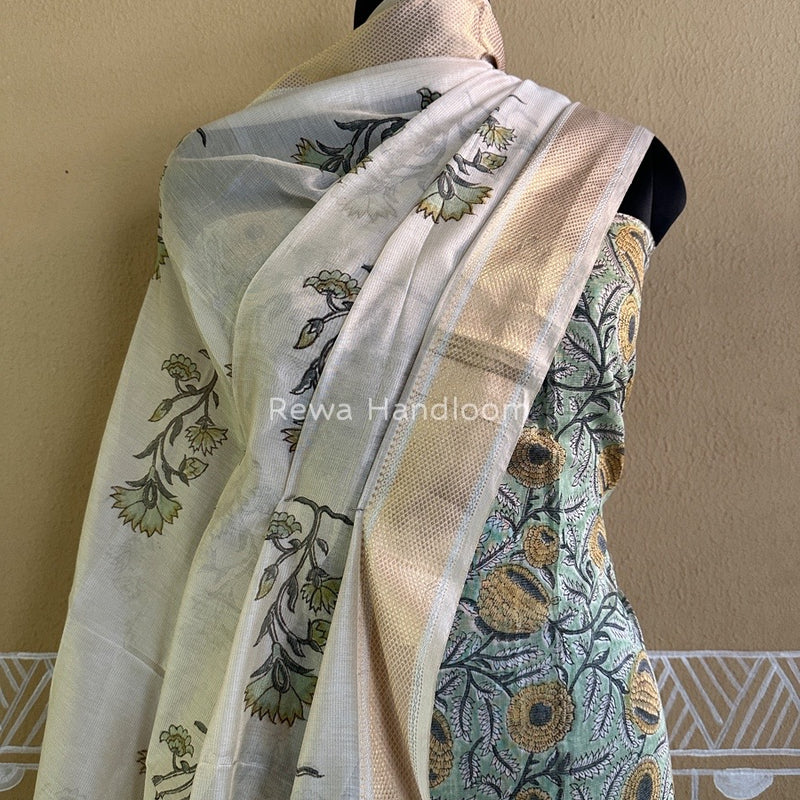 Maheshwari Pista Green Handblock Tissue Top-Dupatta PRT014