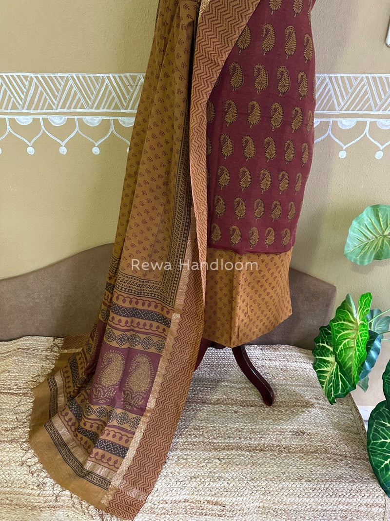Maheshwari Maroon-Mustard Yellow Bagh Print Tissue Suit BTS09