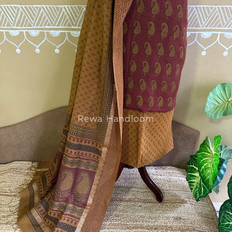 Maheshwari Maroon-Mustard Yellow Bagh Print Tissue Suit BTS09