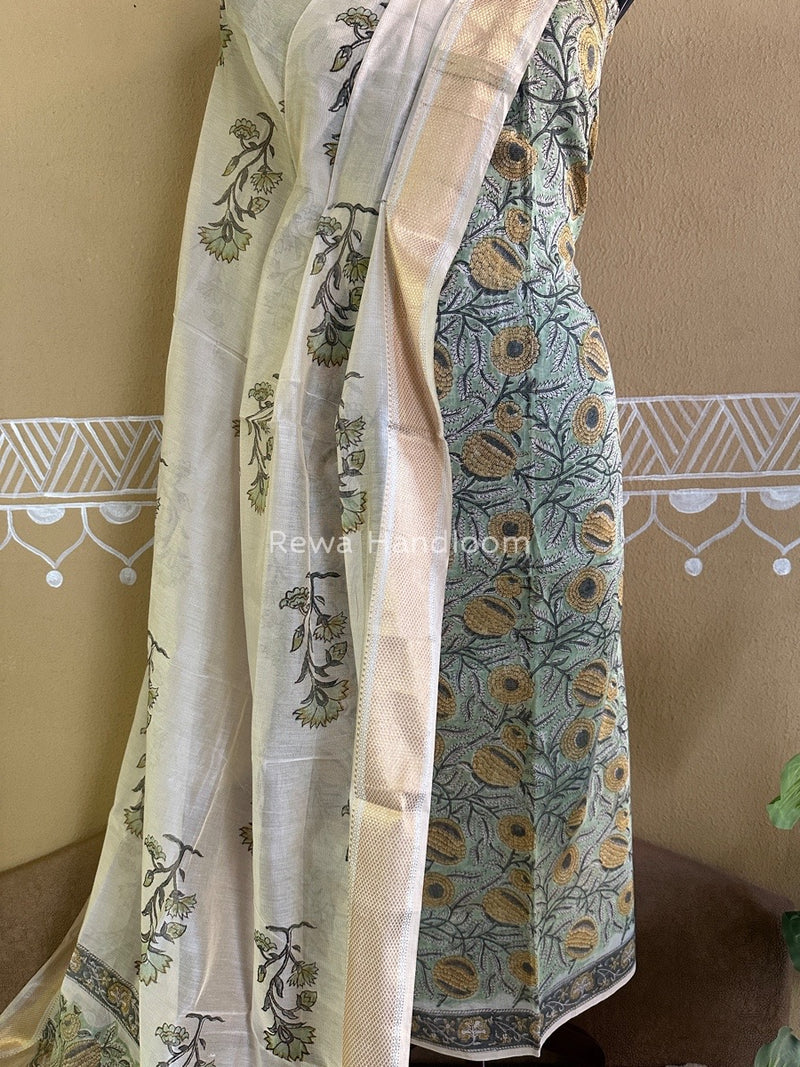 Maheshwari Pista Green Handblock Tissue Top-Dupatta PRT014
