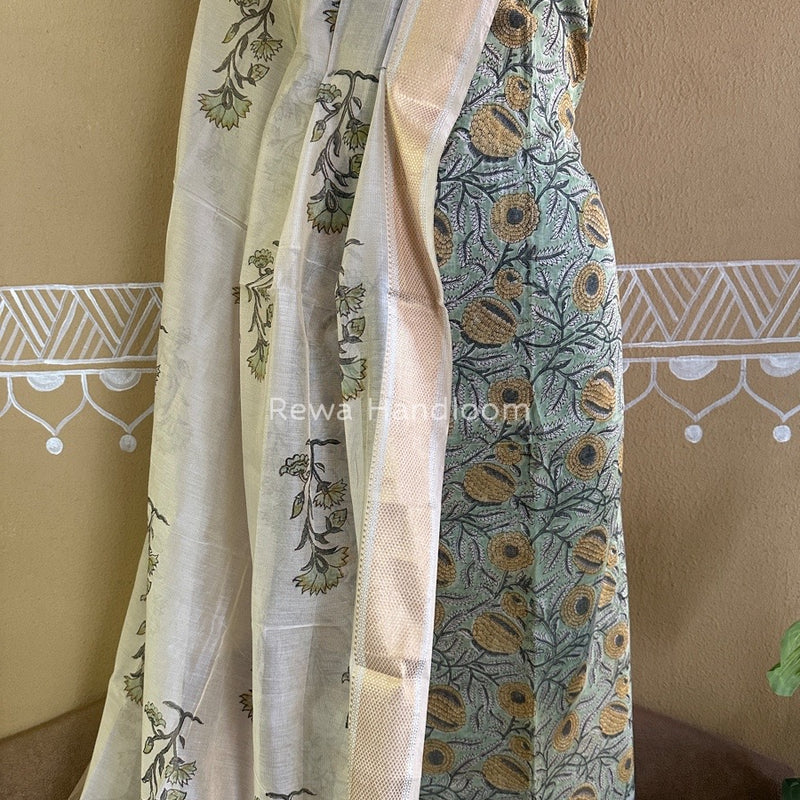 Maheshwari Pista Green Handblock Tissue Top-Dupatta PRT014