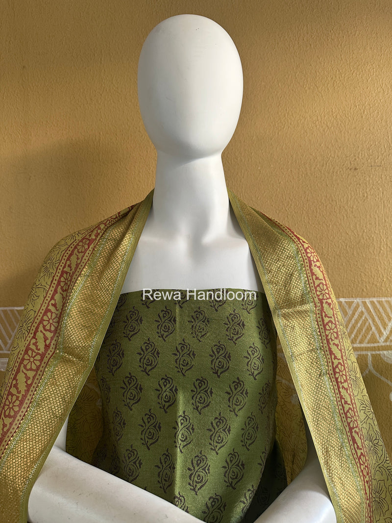 Maheshwari Mehendi Green Bagh Print Tissue Top-Dupatta Set BPTS01