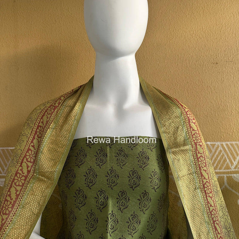 Maheshwari Mehendi Green Bagh Print Tissue Top-Dupatta Set BPTS01