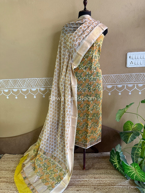 Maheshwari Handblock Tissue Top-Dupatta