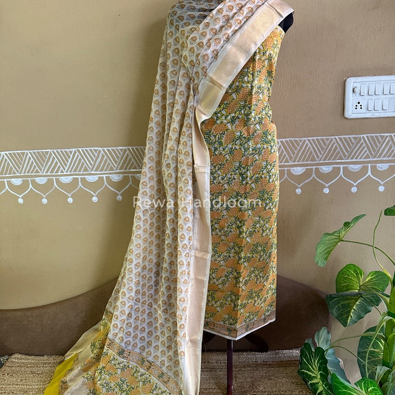 Maheshwari Handblock Tissue Top-Dupatta