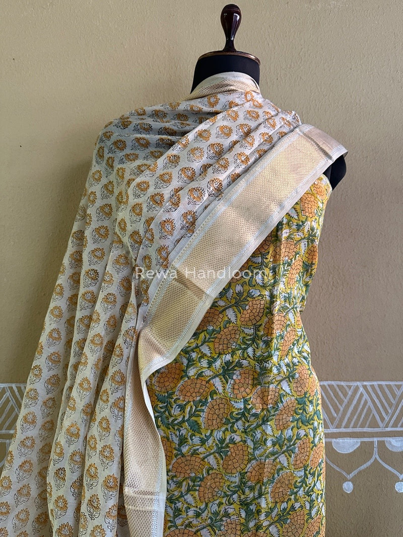 Maheshwari Yellow Handblock Tissue Top-Dupatta PRT013