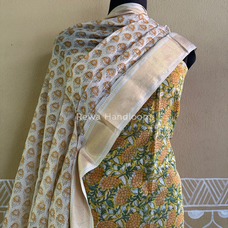 Maheshwari Yellow Handblock Tissue Top-Dupatta PRT013