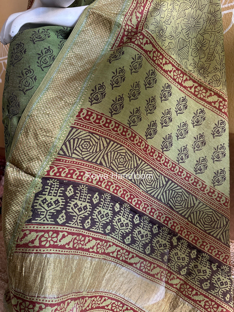 Maheshwari Mehendi Green Bagh Print Tissue Top-Dupatta Set BPTS01 Rewa Handloom