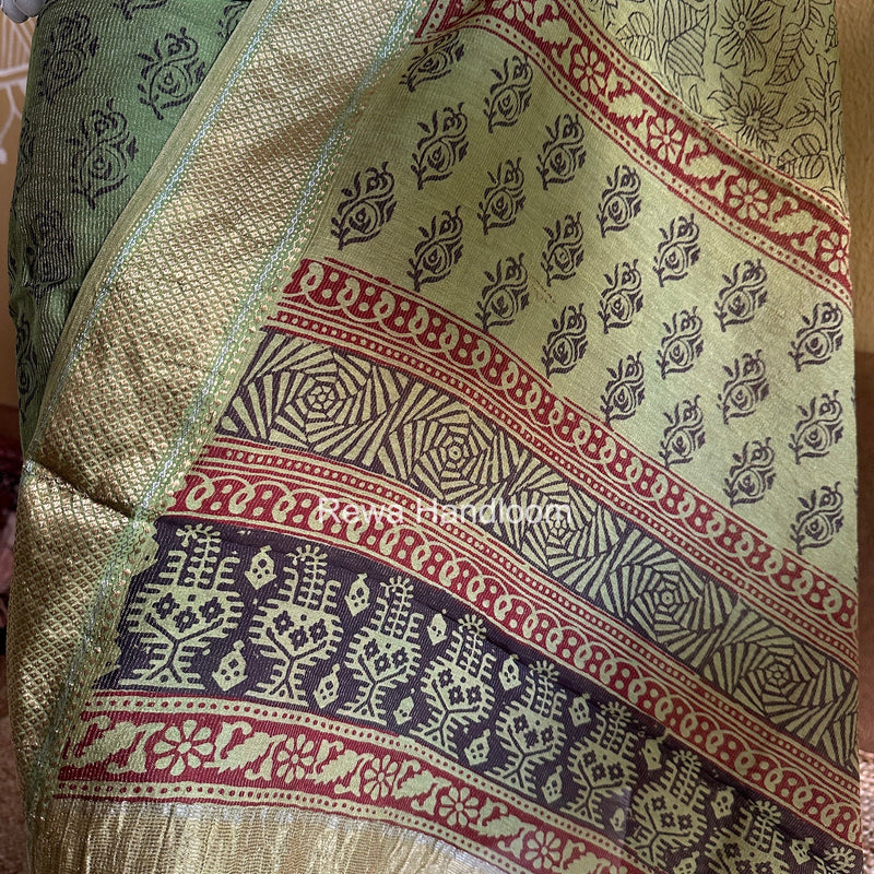 Maheshwari Mehendi Green Bagh Print Tissue Top-Dupatta Set BPTS01 Rewa Handloom