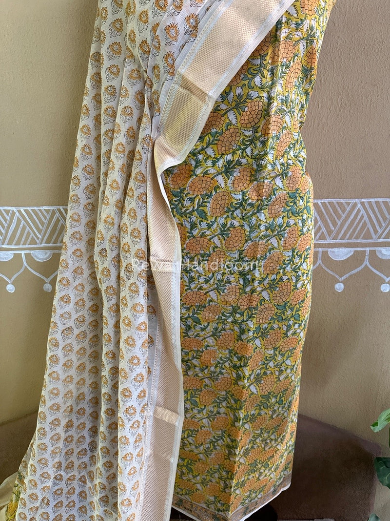 Maheshwari Yellow Handblock Tissue Top-Dupatta PRT013