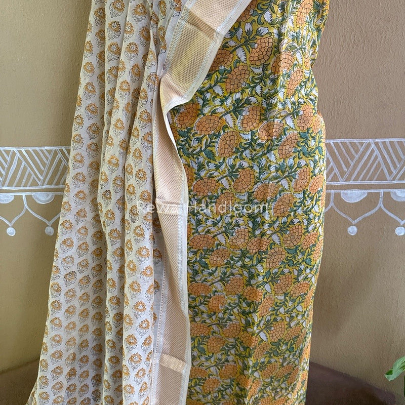 Maheshwari Yellow Handblock Tissue Top-Dupatta PRT013