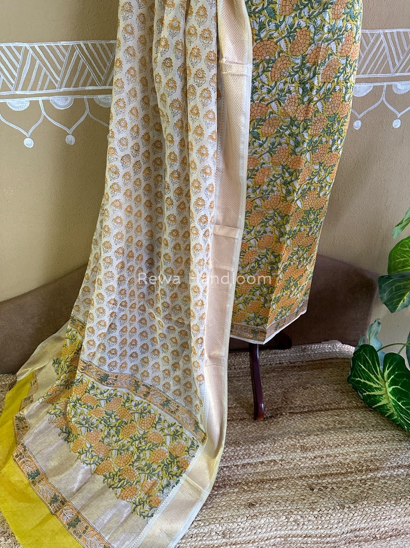Maheshwari Yellow Handblock Tissue Top-Dupatta PRT013