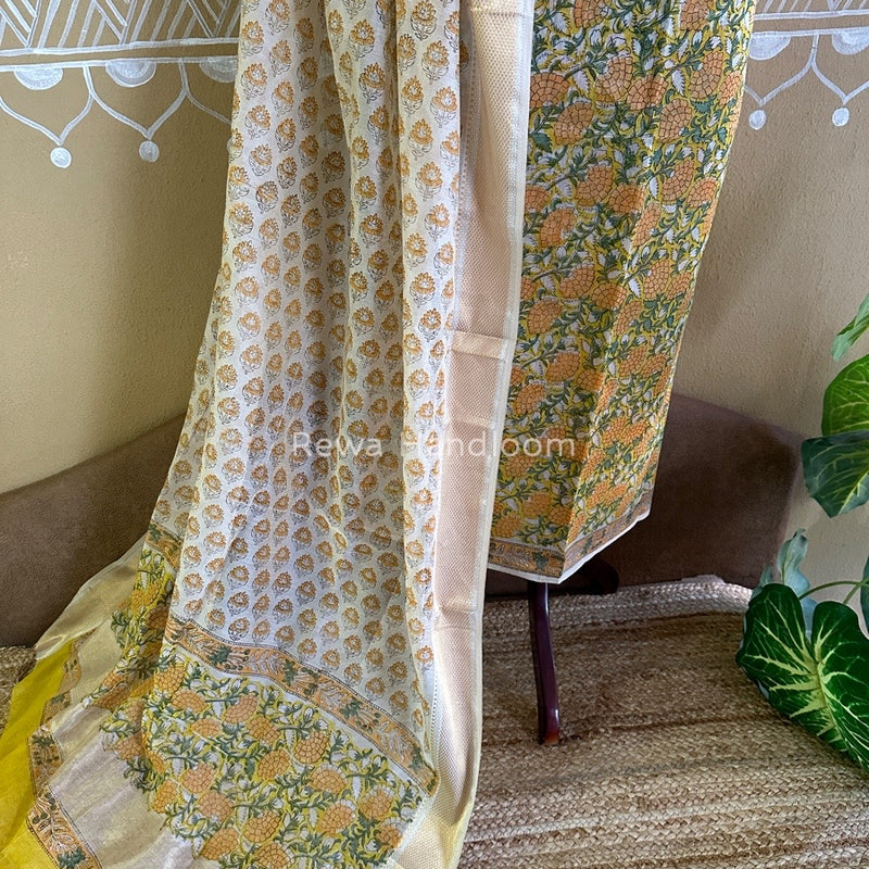 Maheshwari Yellow Handblock Tissue Top-Dupatta PRT013