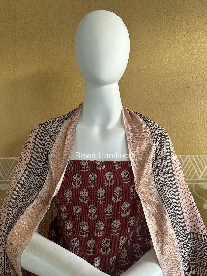 Maheshwari Maroon-White Bagh Print Tissue Top-Dupatta Set BPTS02