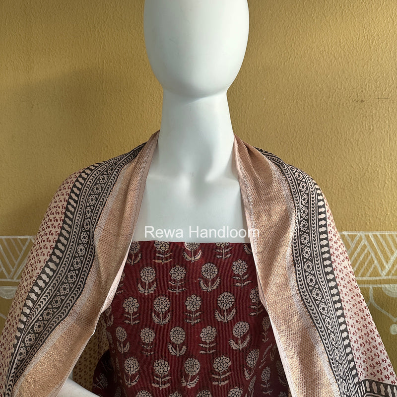 Maheshwari Maroon-White Bagh Print Tissue Top-Dupatta Set BPTS02