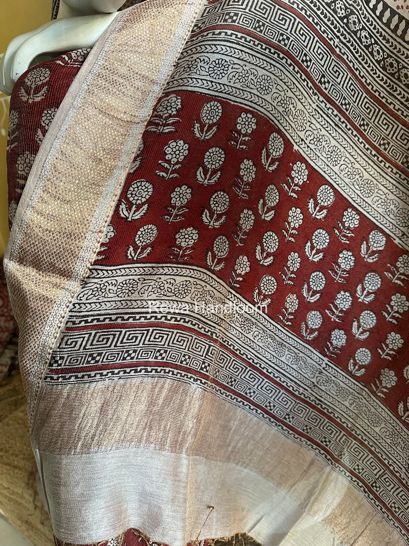 Maheshwari Maroon-White Bagh Print Tissue Top-Dupatta Set BPTS02