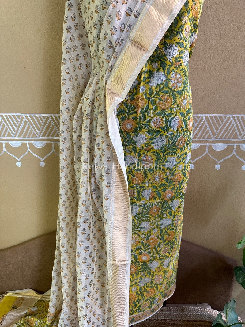 Maheshwari Lemon Yellow Handblock Tissue Top-Dupatta PRT011