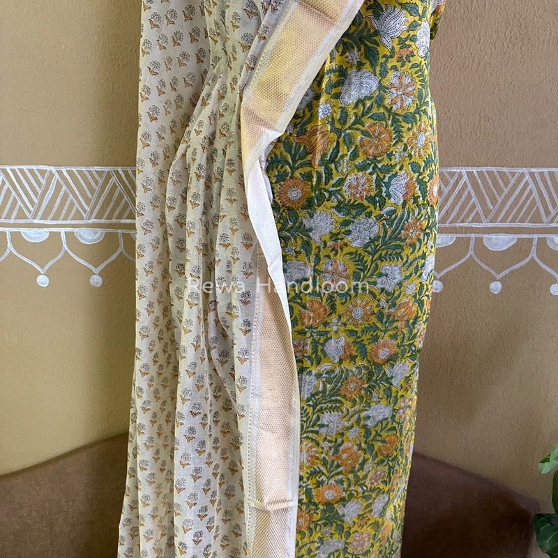 Maheshwari Lemon Yellow Handblock Tissue Top-Dupatta PRT011