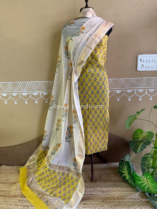 Maheshwari Handblock Tissue Top-Dupatta