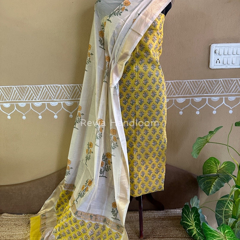 Maheshwari Handblock Tissue Top-Dupatta