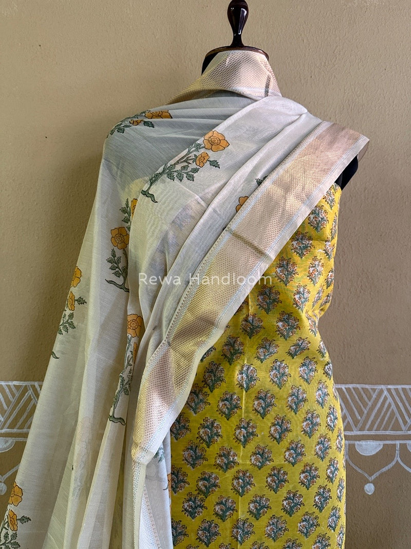 Maheshwari Yellow Handblock Tissue Top-Dupatta PRT08