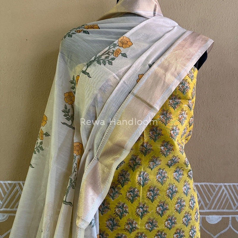 Maheshwari Yellow Handblock Tissue Top-Dupatta PRT08