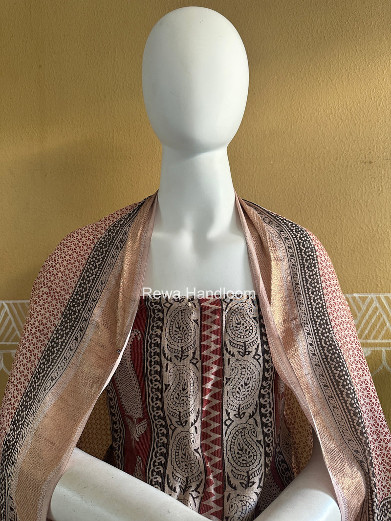 Maheshwari Maroon-White Bagh Print Tissue Top-Dupatta Set BPTS04