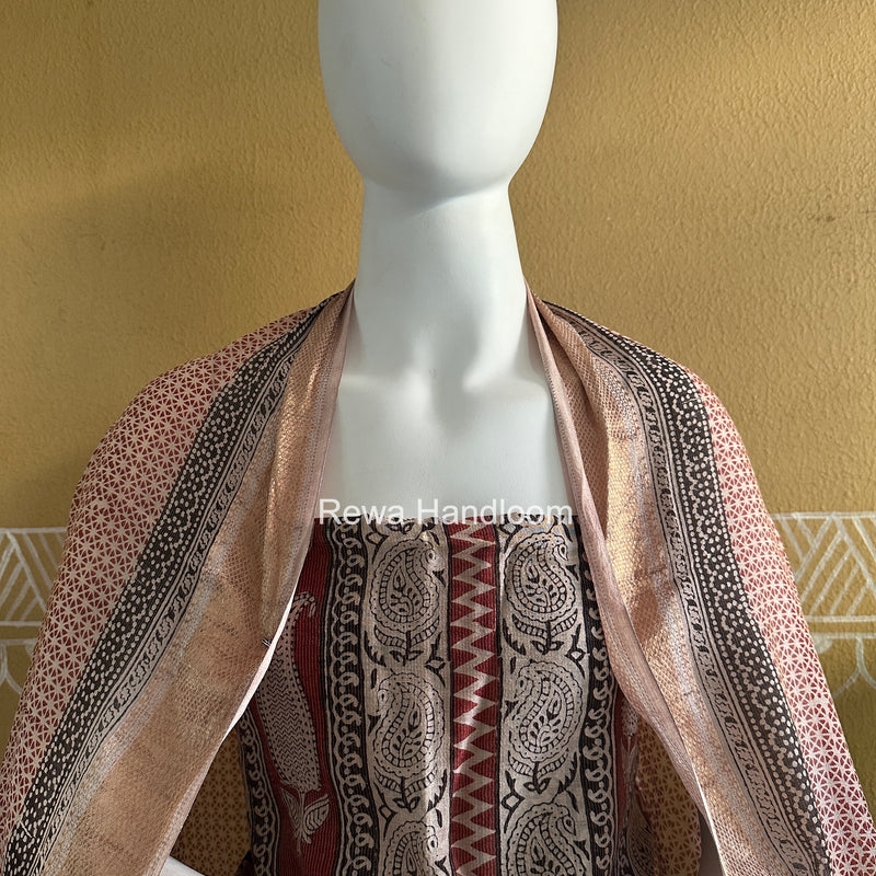 Maheshwari Maroon-White Bagh Print Tissue Top-Dupatta Set BPTS04