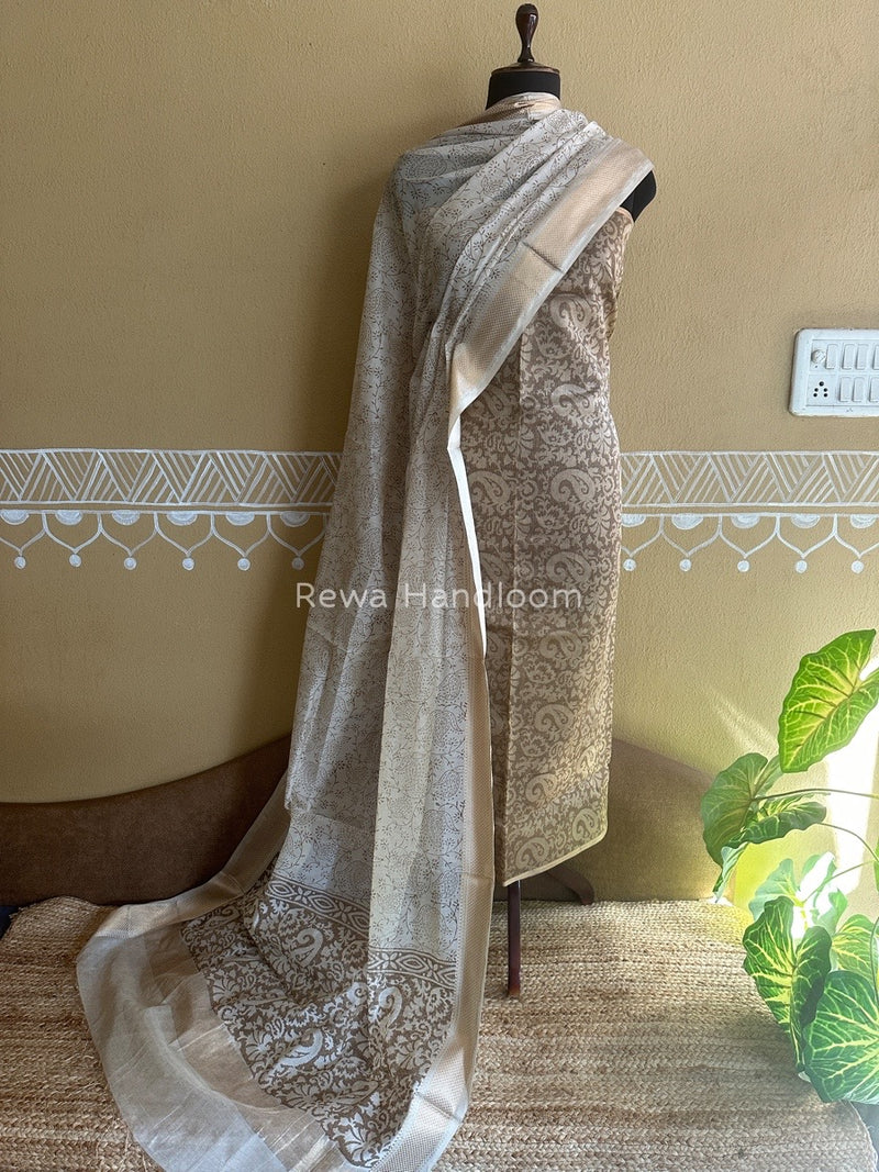 Maheshwari Handblock Tissue Top-Dupatta