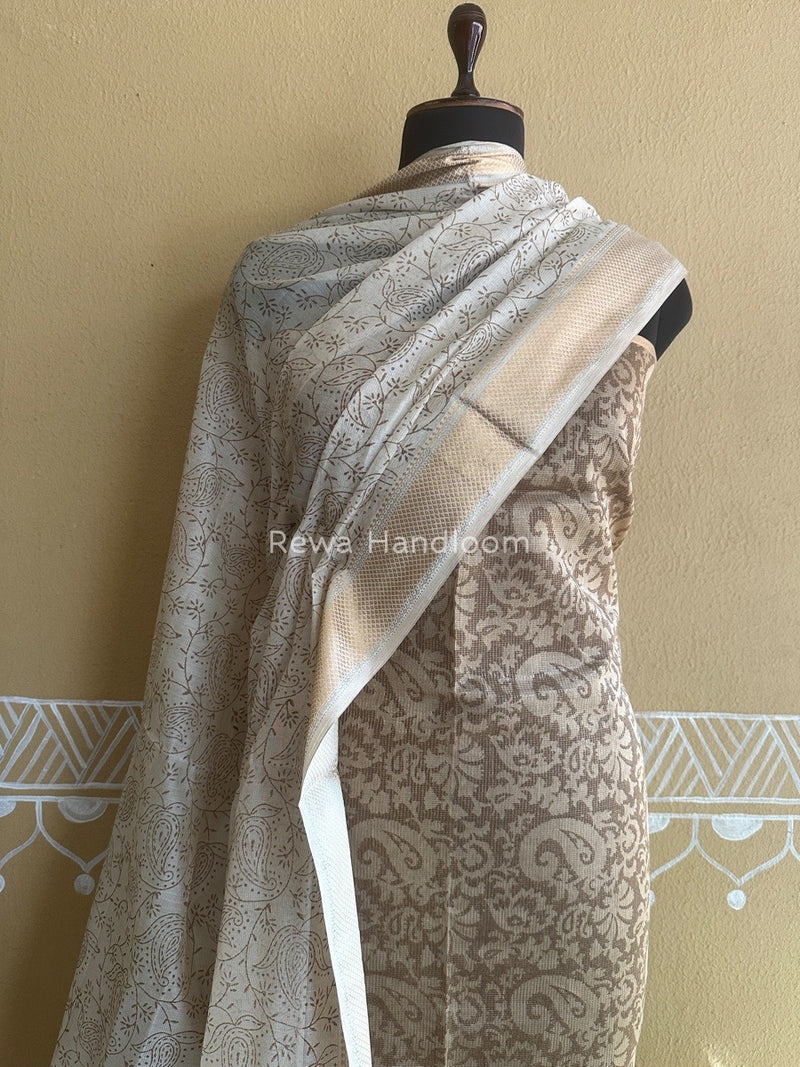Maheshwari Brown Handblock Tissue Top-Dupatta PRT07