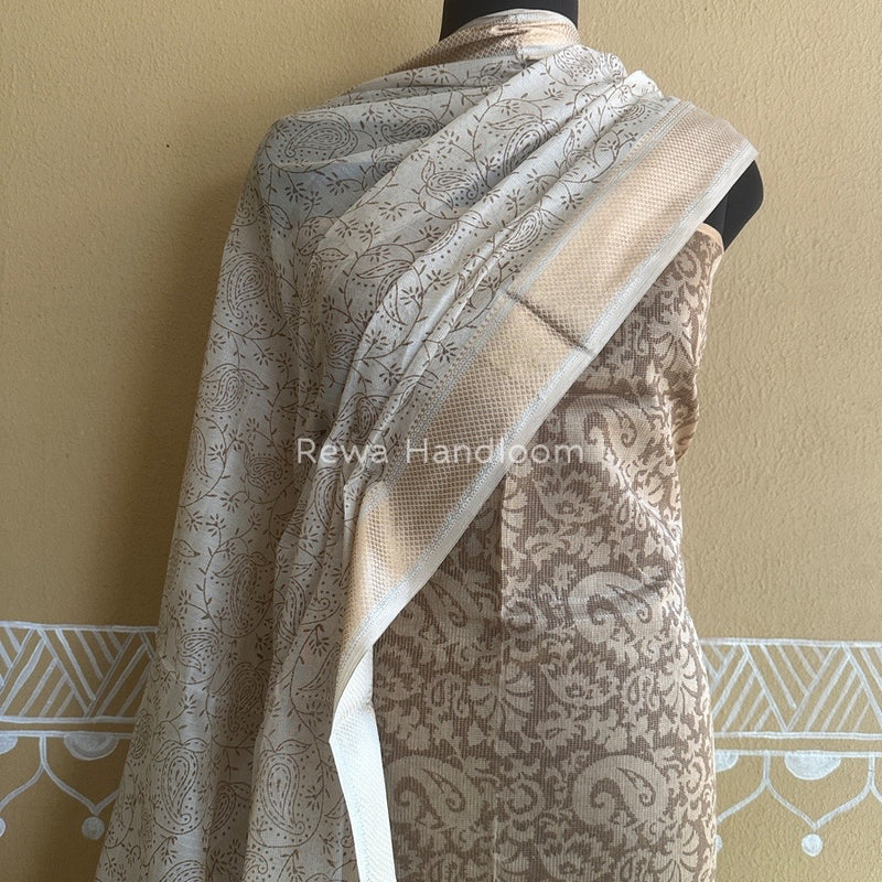 Maheshwari Brown Handblock Tissue Top-Dupatta PRT07