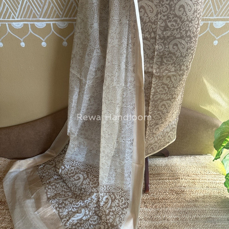 Maheshwari Brown Handblock Tissue Top-Dupatta PRT07