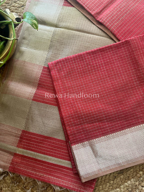 Maheshwari Carrot Red ~ Silver Zari Checks Silk Saree-SZ031