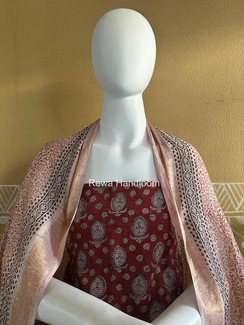 Maheshwari Maroon-White Bagh Print Tissue Top-Dupatta Set BPTS05