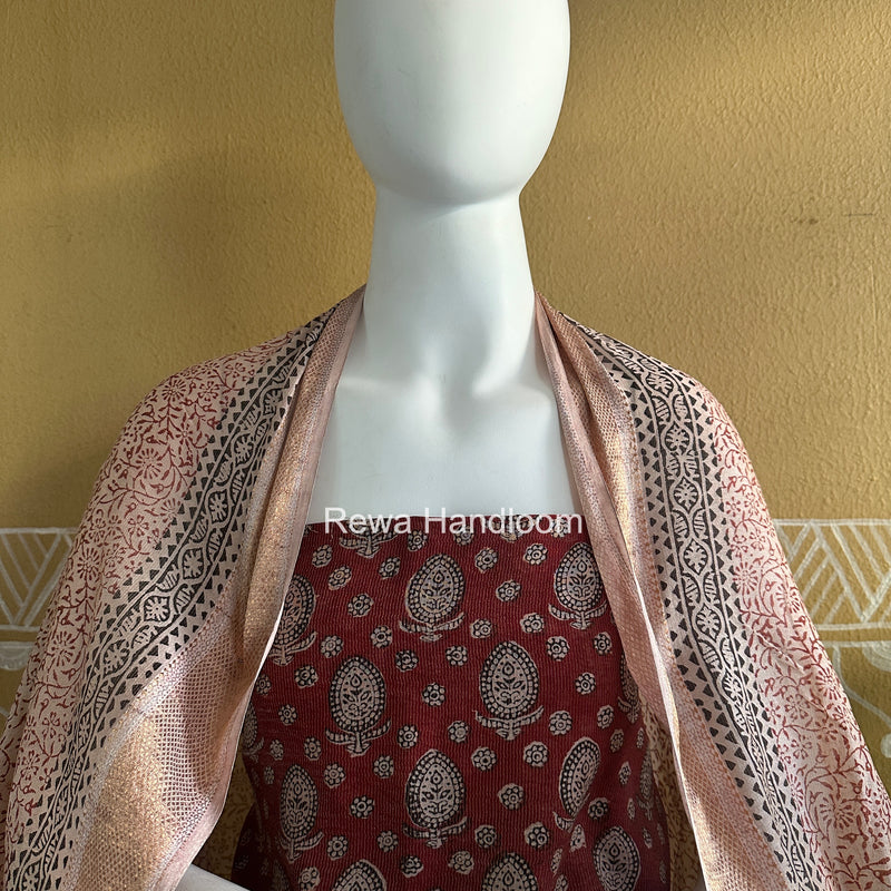 Maheshwari Maroon-White Bagh Print Tissue Top-Dupatta Set BPTS05