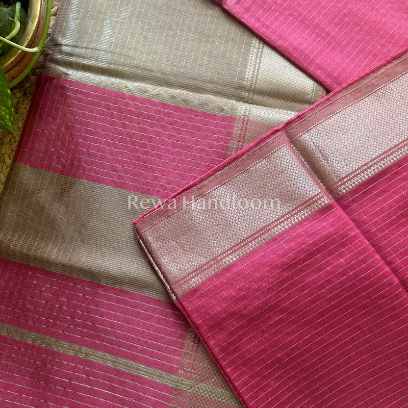 Maheshwari Baby Pink ~ Silver Zari Checks Silk Saree-SZ021