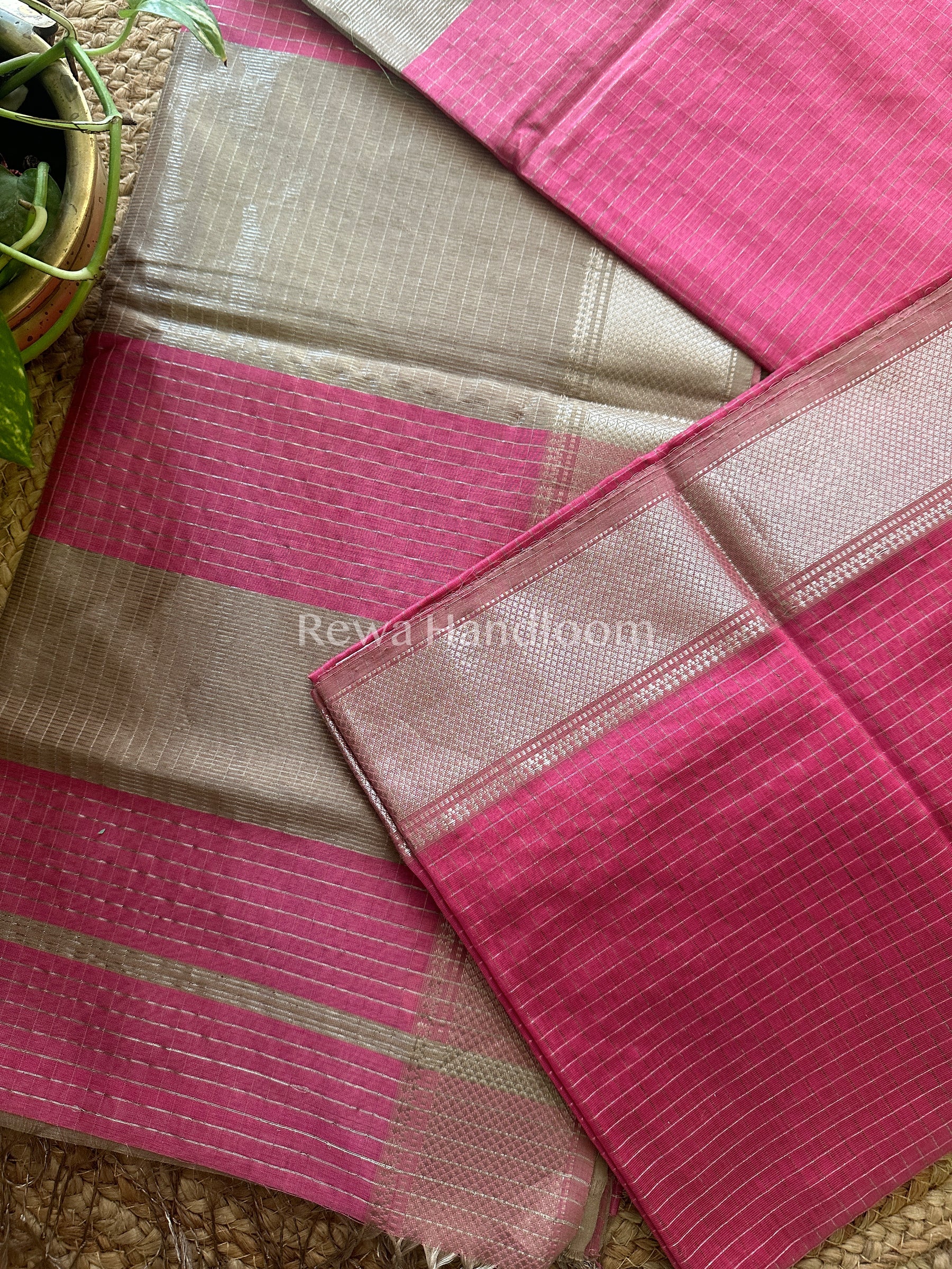 Maheshwari Baby Pink ~ Silver Zari Checks Silk Saree-SZ021