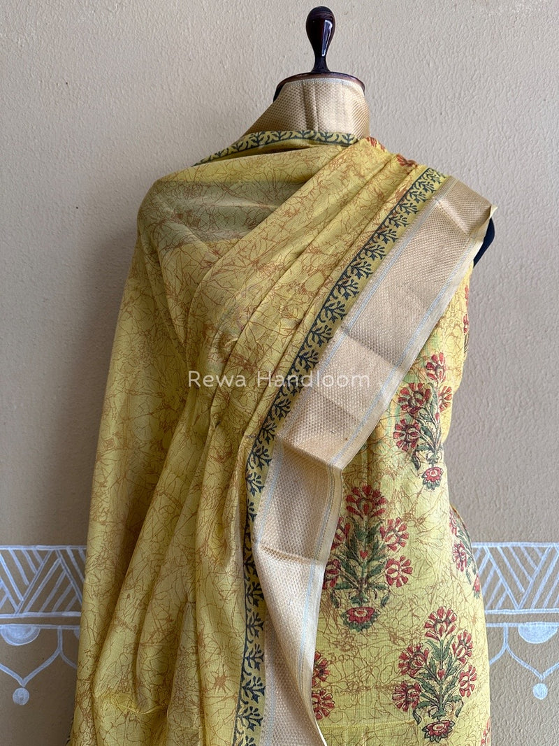 Maheshwari Yellow Handblock Tissue Top-Dupatta PRT015