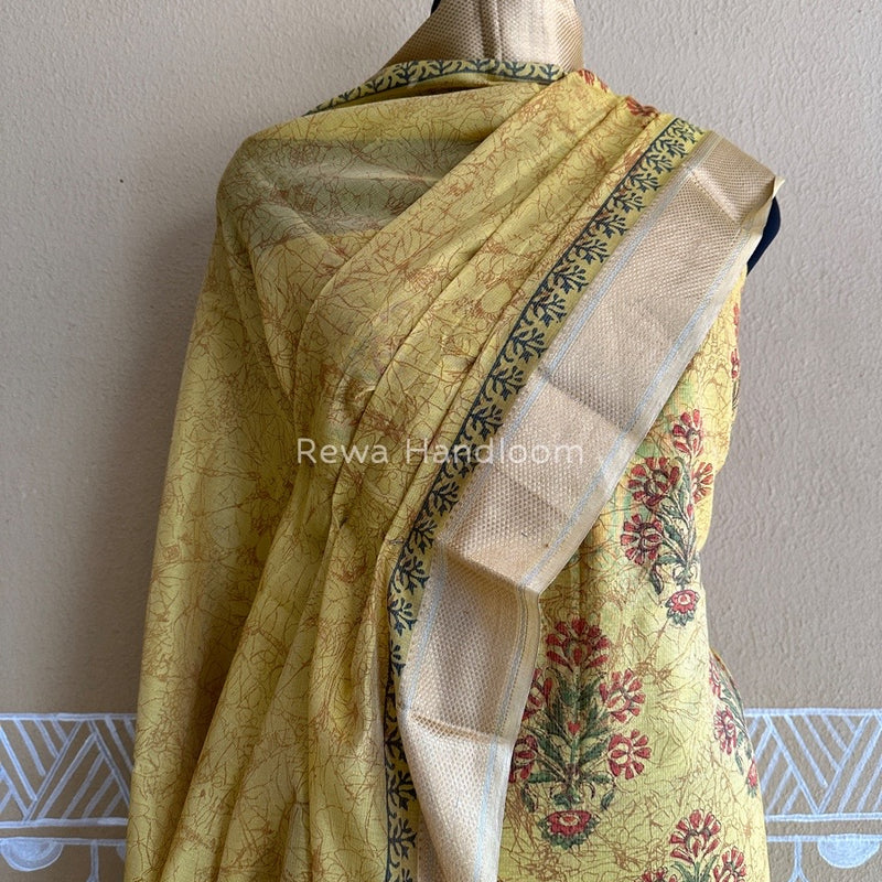 Maheshwari Yellow Handblock Tissue Top-Dupatta PRT015