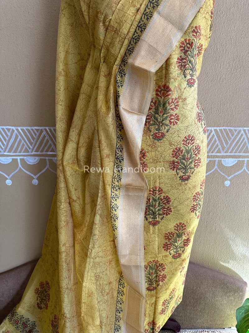 Maheshwari Yellow Handblock Tissue Top-Dupatta PRT015