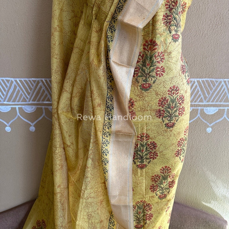 Maheshwari Yellow Handblock Tissue Top-Dupatta PRT015
